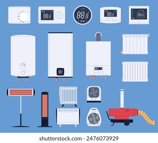 A set of thermostats, heating systems and heaters. Smart house, heating systems, climate control. Vector illustration