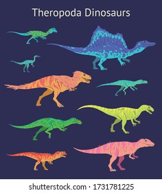 Set of theropoda dinosaurs. Colorful vector illustration of dinosaurs isolated on blue background. Side view. Theropods. Proportional dimensions. Element for your desing, blog, journal.