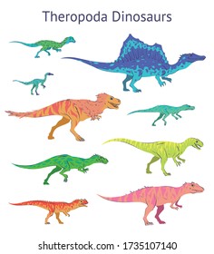 Set of theropoda dinosaurs. Colorful vector illustration of dinosaurs isolated on white background. Side view. Theropods. Proportional dimensions. Element for your desing, blog, journal.