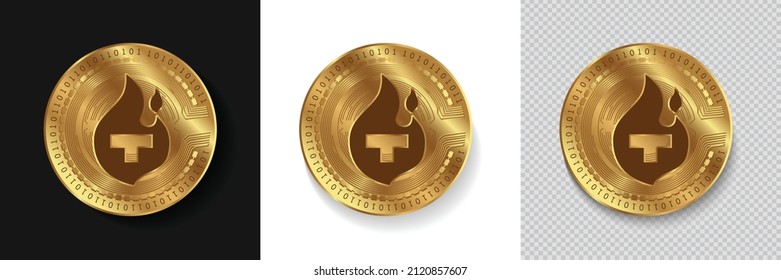 Set of Theta Fuel (TFUEL) crypto currency logo symbol vector isolated on white, dark and transparent background. Can be used as golden coin sticker, icon, label, badge, print design and emblem
