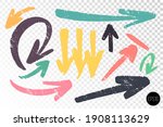 Set of thick arrows various shapes and coors. Hand drawn artistic notes. Hand drawn design elements. Vector freehand details for design.