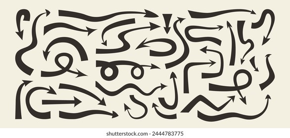 Set of thick black curving arrows of different shapes and tips, vector, isolated