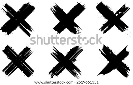 Set of Thick Bold Grunge Paint Brush Stroke X Cross Mark Vector PNG Icons on Transparent Background