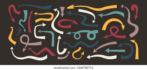 Set of thick color curving arrows of different shapes and tips, vector, isolated