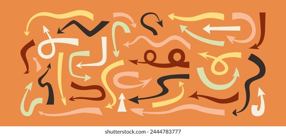 Set of thick color curving arrows of different shapes and tips, vector, isolated