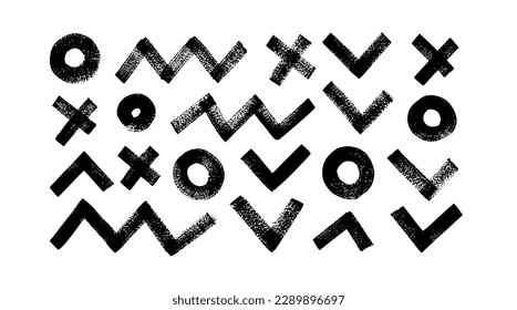 Set of thick geometric shapes. Brush drawn abstract geometric graphic elements. Black paint brush strokes, zigzag, circles, triangles and crosses shapes. Vector black ink illustration.