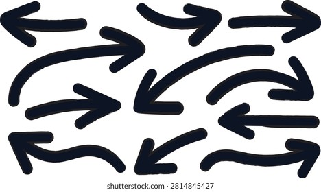 A set of thick, hand-drawn arrows in black ink, pointing in various directions, isolated on a clean, white background for easy use.
