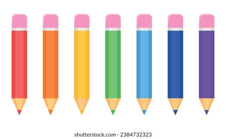Set of Thick pencil in flat style in Rainbow  colors. Cartoon Pencil for drawing. Vector illustration isolated on white background.