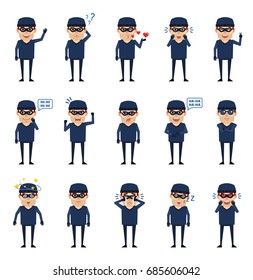 Set of thief characters showing various emotions. Funny thief laughing, crying, angry, surprised and showing other emotions. Simple vector illustration