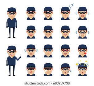 Set of thief emoticons showing various emotions. Happy, sad, angry, laugh, surprised, dazed and other facial expressions. Simple vector illustration
