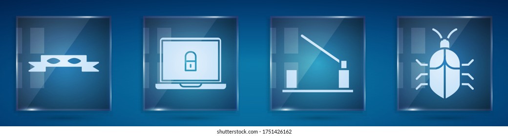 Set Thief eye mask, Laptop and lock, Parking car barrier and System bug concept. Square glass panels. Vector