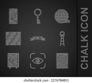 Set Thief eye mask, Eye scan, Passport, Watch tower, Safe, Bricks, Social network and Mobile with closed padlock icon. Vector