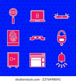 Set Dieb-Augenmaske, Website-Vorlage, Ringing-Alarm-Glocke, Sperren und Taste, Safe, Fingerprint, Flasher Sirene und Magnifying Glas Search Symbol. Vektorgrafik