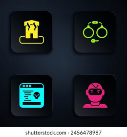 Set Thief mask, Arson home, System bug and Handcuffs. Black square button. Vector
