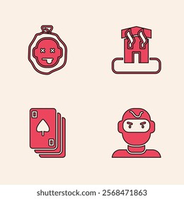 Set Thief mask, Murder, Arson home and Playing cards icon. Vector