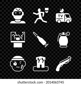 Set Dieb Maske, Murder, TV News Auto, Bandit, Arson Home, Polizei Shotgun, Broken Fenster und Bullet Symbol. Vektorgrafik