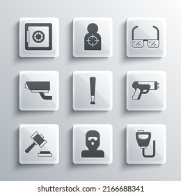 Set Thief mask, Walkie talkie, Police electric shocker, Baseball bat, Judge gavel, Security camera, Safe and Safety goggle glasses icon. Vector