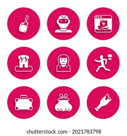 Set Thief mask, Wallet, Broken bottle weapon, Murder, Briefcase and money, Arson home, Internet piracy and Lighter icon. Vector