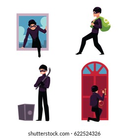 Set of thief, robber, burglar trying to steal money, break in the house, open safe, run away, cartoon vector illustration isolated on white background. Burglar, thief, robber in mask and black suit