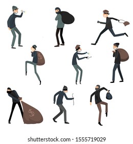 Set of thieves in masks and black suits in different action situations. Vector illustration in flat cartoon style.