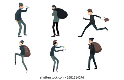 Set of thieves in masks and black suits in different action situations. Vector illustration in flat cartoon style.