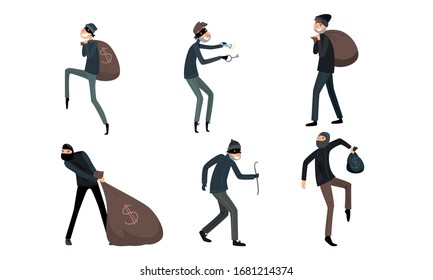 Set of thieves in masks and black suits in different action situations. Vector illustration in flat cartoon style.