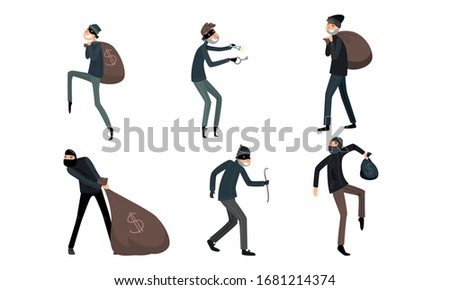 Set of thieves in masks and black suits in different action situations. Vector illustration in flat cartoon style.