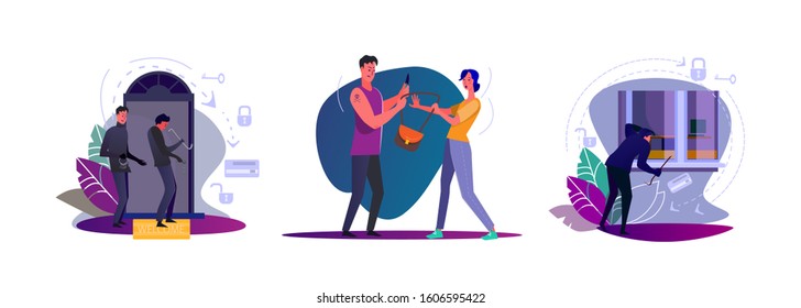 Set of thieves trying to rob apartments. Flat vector illustrations of burglars opening door, looking at window, stealing purse. Crime concept for banner, website design or landing web page