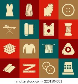 Set Thimble for sewing, Sewing chalk, thread on spool, Pattern, Textile fabric roll, Electric iron and ironing board, Woman dress and  icon. Vector