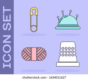 Set Thimble for sewing, Classic closed steel safety pin, Sewing thread on spool and Needle bed and needles icon. Vector