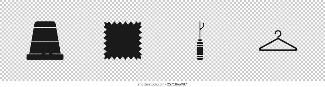 Set Thimble for sewing, Leather, Awl tool and Hanger wardrobe icon. Vector