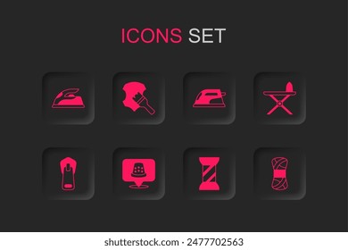 Set Thimble for sewing, Leather, Electric iron, Sewing thread spool, and ironing board, Yarn,  and Zipper icon. Vector