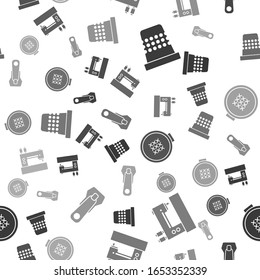 Set Thimble for sewing, Sewing machine, Round adjustable embroidery hoop and Zipper on seamless pattern. Vector