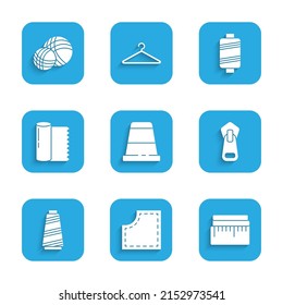 Set Thimble for sewing, Sewing Pattern, Tape measure, Zipper, thread, Textile fabric roll,  and Yarn ball icon. Vector