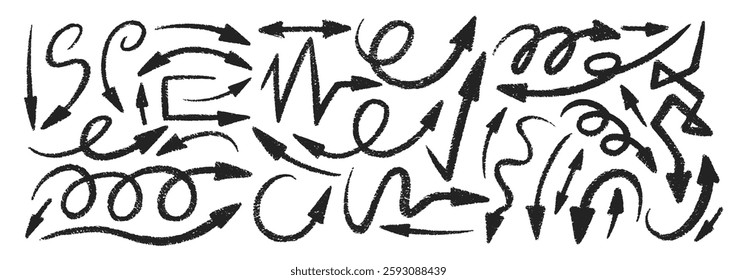 Set of thin arrows with crayon, chalk or pastel texture. Doodle hand drawn elements for school design. Black vector illustration on a white background.