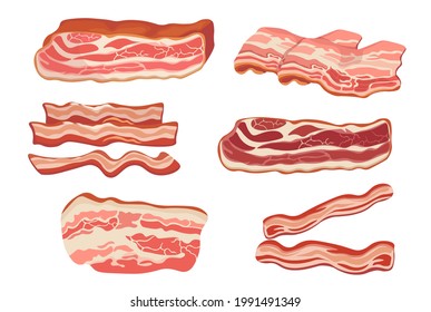 Conjunto de tiras de bata delgadas, rasquetas, rodajas crudas o ahumadas de carne de cerdo aisladas en fondo blanco. Brisket or Ham, Aperitivo, Deliciosa Comida para el Desayuno. Ilustración del vector de dibujos animados, Clipart