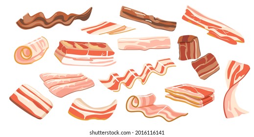 Set of Thin Bacon Strips, Rashers Isolated on White Background. Brisket or Ham, Tasty Snack, Delicious Food for Breakfast. Raw or Smoked Fatty Slices of Pork Meat. Cartoon Vector Illustration, Clipart