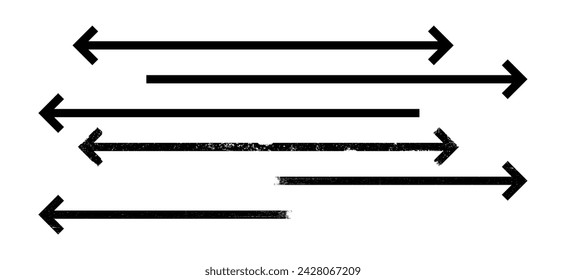 Set of thin black arrows pointing right left long, straight-line with grunge texture. Graphic illustration for direction symbols, up and down signs. Vector horizontal arrow variations