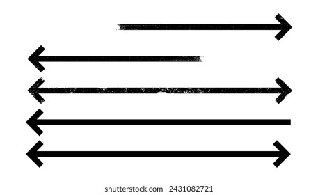 Conjunto de flechas negras finas que apuntan a la derecha y a la izquierda, de línea recta con textura grunge. Variaciones de flecha horizontal vectorial. Ilustración gráfica para símbolos de dirección, arriba y abajo