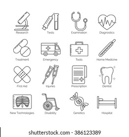 A set of thin black line icons on white background for medical tools, actions and categories, including diagnostics, tests, disability, prescription