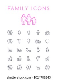 Set of Thin Black Stroke Family Icons on White Background