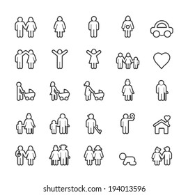 Set of Thin Black Stroke Family Icons on White Background.