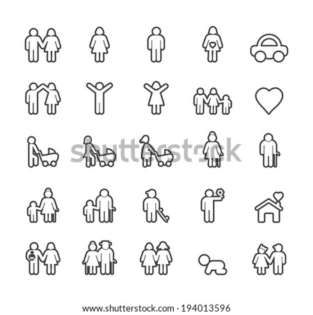 Set of Thin Black Stroke Family Icons on White Background.