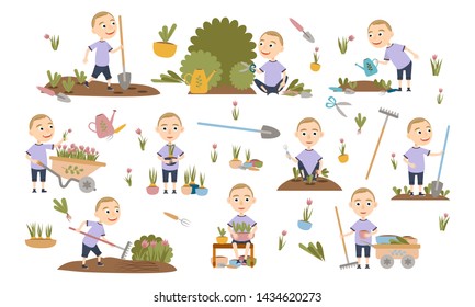 A set of thin blond boy gardening plants, weed beds, watering seedlings, pruning bushes and trees, working in the garden. People and garden tools. Vector illustration