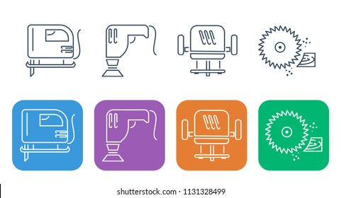 Set of thin building and repair icons. Work on wood with the help of power tools. Jig saw, grinder, milling cutter and circular saw.