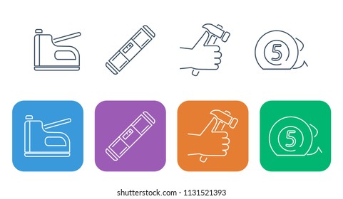 Set of thin building and repair icons. Tools for repair, finishing and construction. Bieber, laser level, hammer and roulette.