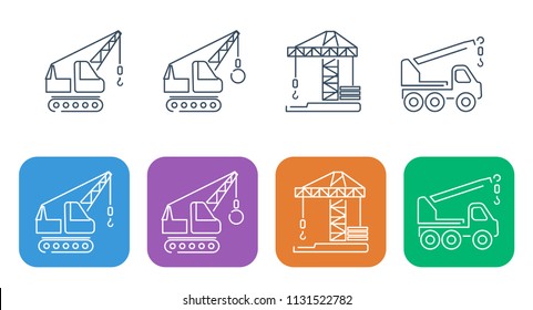 Set of thin building and repair icons. Heavy construction machinery. Cranes are caterpillar, automatic and tower crane.