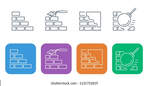 Set of thin building and repair icons. Elements of building a house, building walls of brick, plaster, breaking walls.