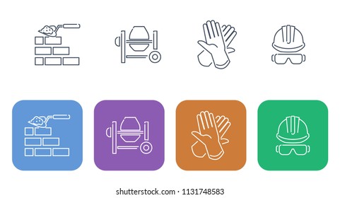 Set of thin building and repair icons. Elements of the construction of walls, brickwork, concrete mixer, gloves, protective glasses and helmet.