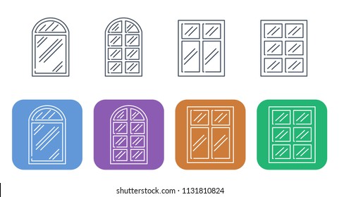 Set of thin building and repair icons. Elements of construction, facade windows of different types.